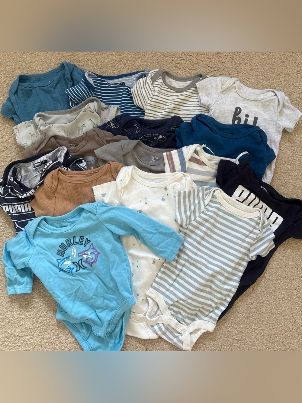 HUGE bundle of Baby Bodysuits for Boys 3 months sizes Puma Hurley Cloud Island
